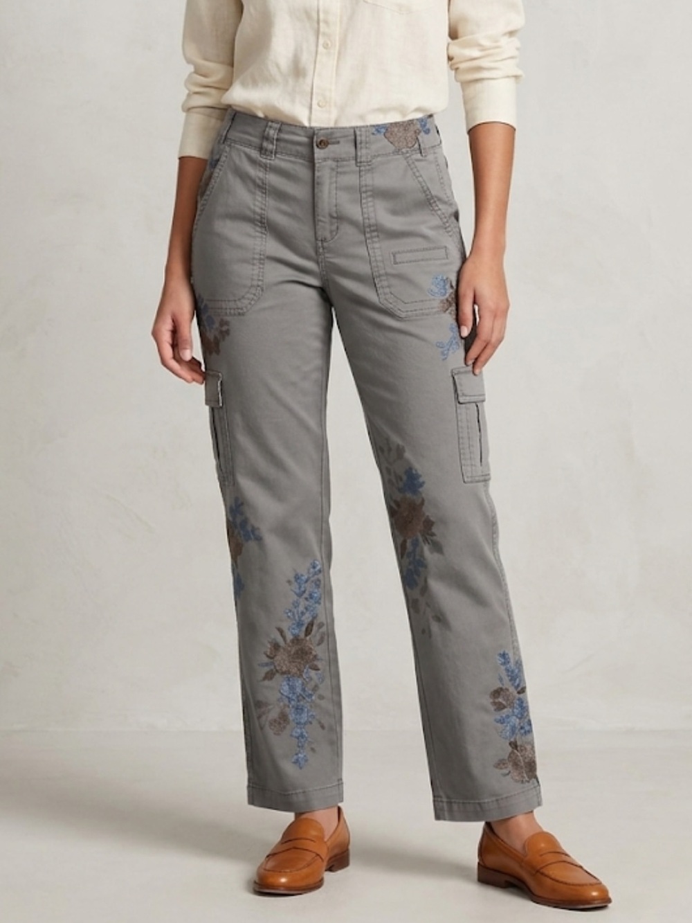 Sundance Embroidered Cargo Pants in Gray with Blue & Brown Floral